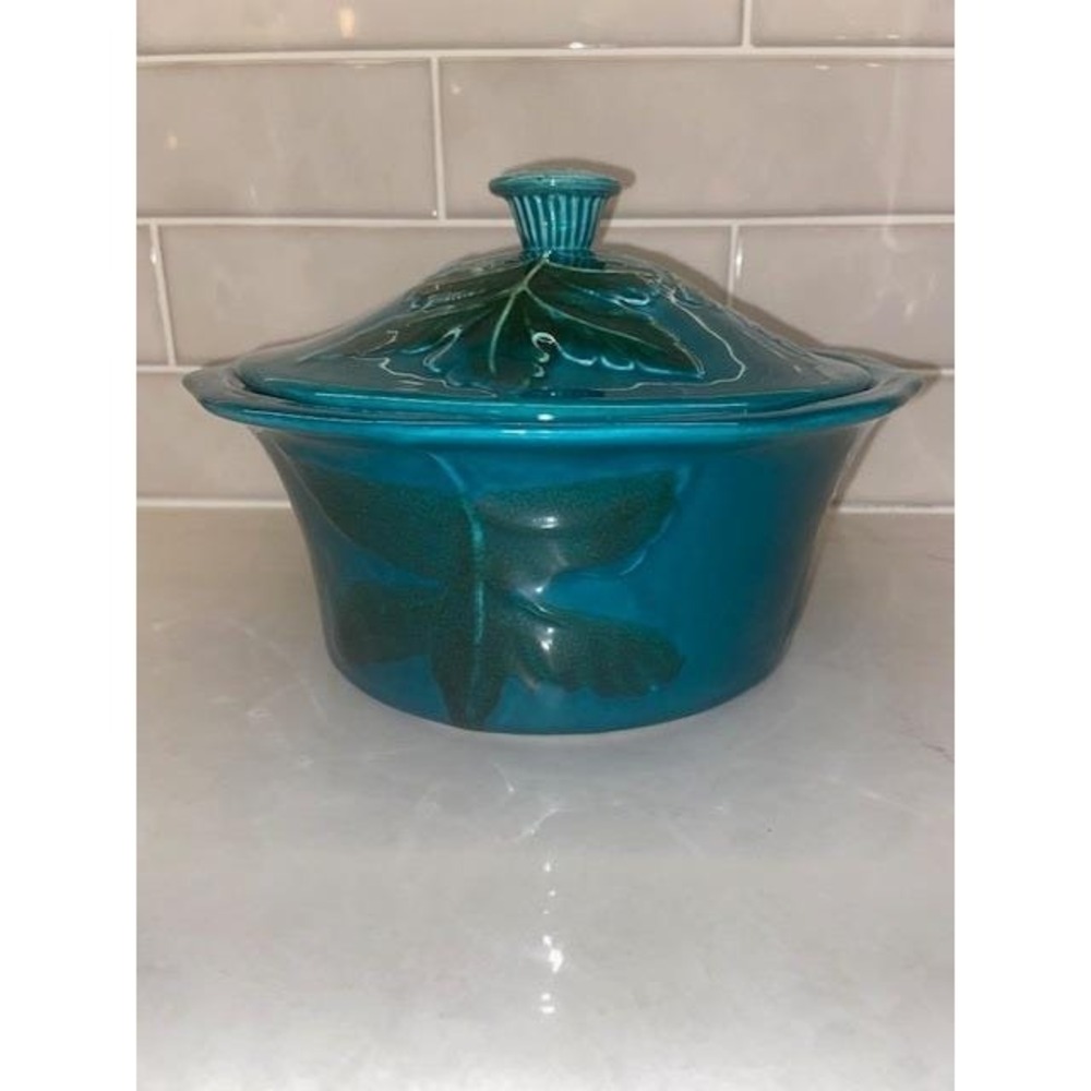 California Pottery Teal Ceramic Bowl w/lid Turquoise Green Leaf Embossed Vintage